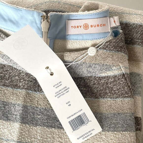 Tory Burch Mini Fringed Boho Dress 10 Ivory Sleeveless Cotton Sheath Stripe - Picture 12 of 14